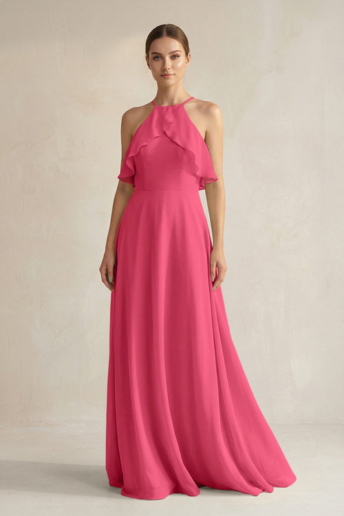 Halter Neck A - Line Chiffon Bridesmaid Dress with Keyhole in Fuchsia - KissProm Bridesmaid Dresses