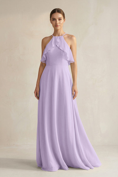 KissProm Halter Neck A-Line Chiffon Bridesmaid Dress with Keyhole in Lavender, Lavender / 28