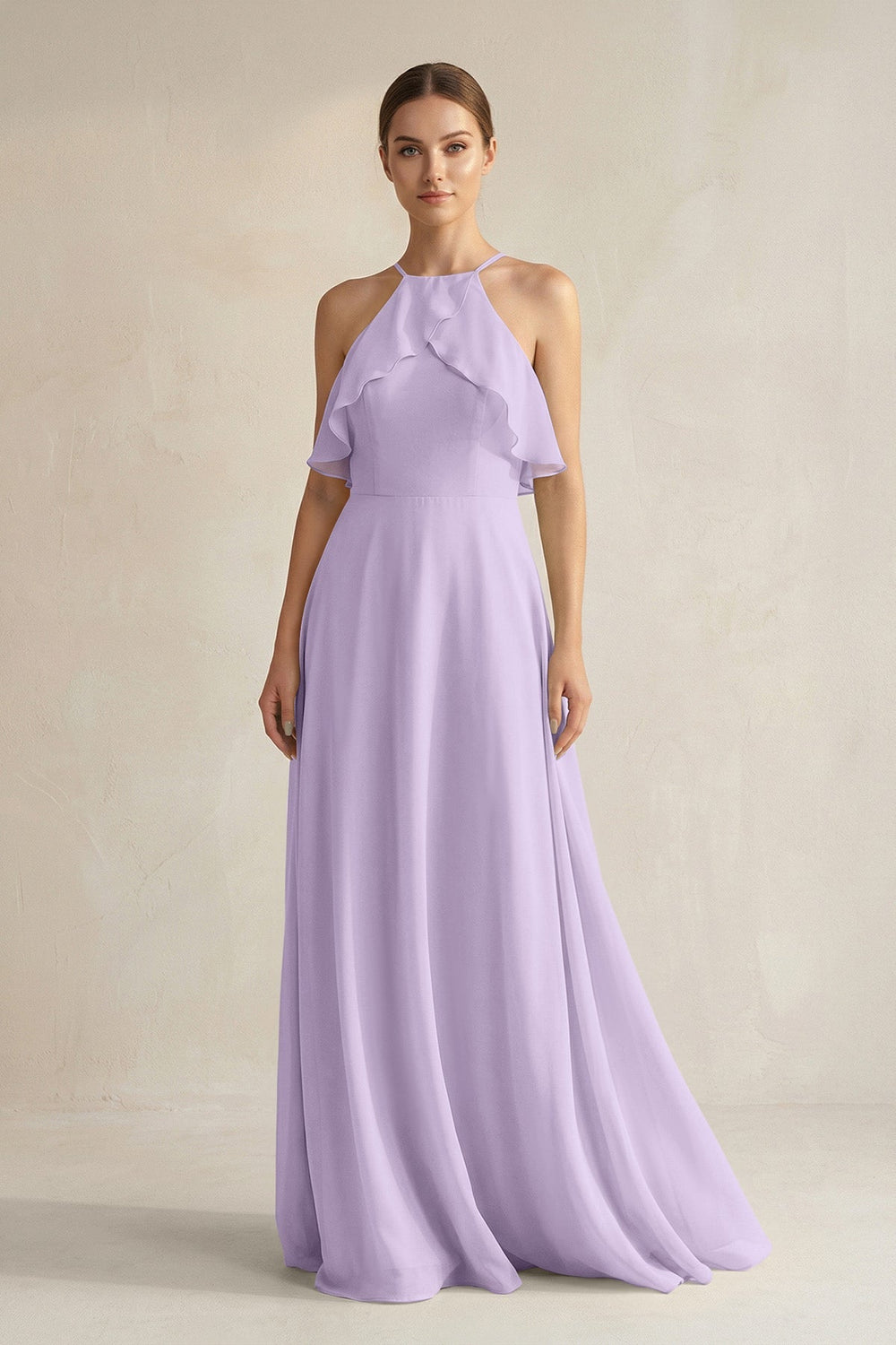 Halter Neck A - Line Chiffon Bridesmaid Dress with Keyhole in Lavender - KissProm Bridesmaid Dresses