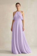 Halter Neck A - Line Chiffon Bridesmaid Dress with Keyhole in Lavender - KissProm Bridesmaid Dresses