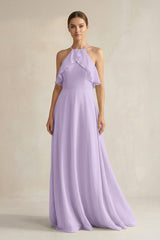 Halter Neck A - Line Chiffon Bridesmaid Dress with Keyhole in Lavender - KissProm Bridesmaid Dresses