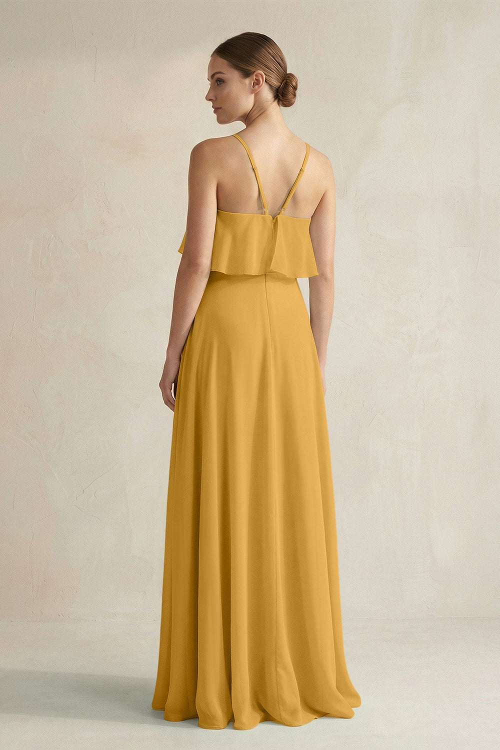 Halter Neck A - Line Chiffon Bridesmaid Dress with Keyhole in Marigold - KissProm Bridesmaid Dresses