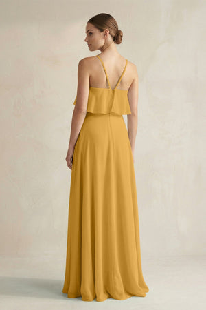 Halter Neck A - Line Chiffon Bridesmaid Dress with Keyhole in Marigold - KissProm Bridesmaid Dresses