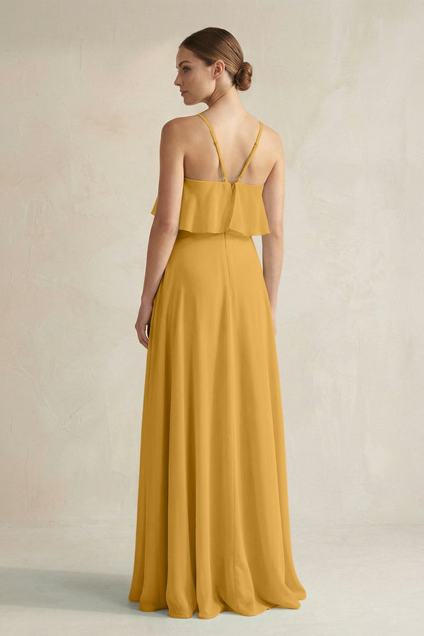 Halter Neck A - Line Chiffon Bridesmaid Dress with Keyhole in Marigold - KissProm Bridesmaid Dresses
