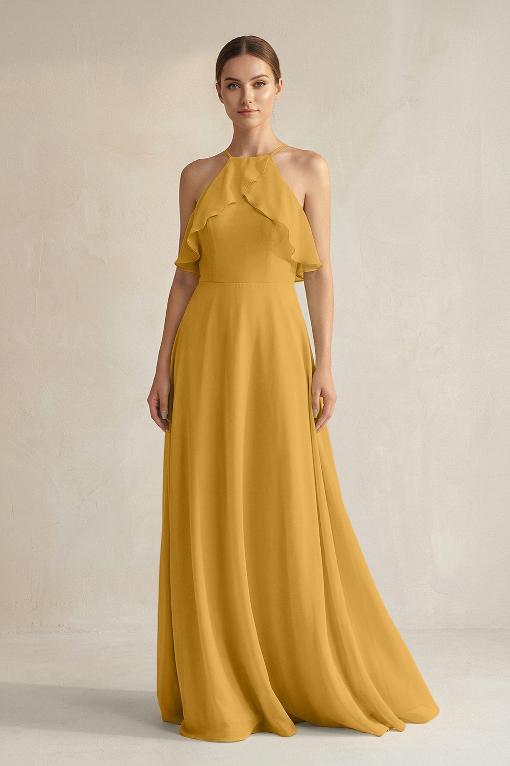 Halter Neck A - Line Chiffon Bridesmaid Dress with Keyhole in Marigold - KissProm Bridesmaid Dresses