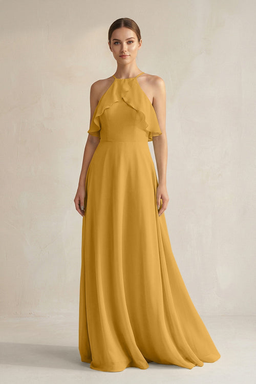 Halter Neck A - Line Chiffon Bridesmaid Dress with Keyhole in Marigold - KissProm Bridesmaid Dresses