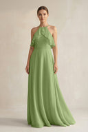 Halter Neck A - Line Chiffon Bridesmaid Dress with Keyhole in Matcha - KissProm Bridesmaid Dresses