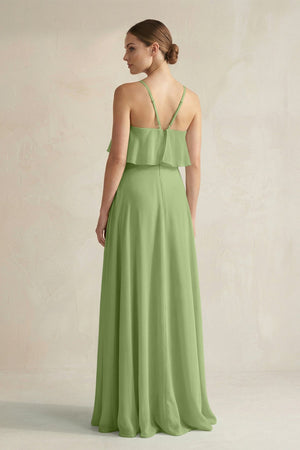 Halter Neck A - Line Chiffon Bridesmaid Dress with Keyhole in Matcha - KissProm Bridesmaid Dresses