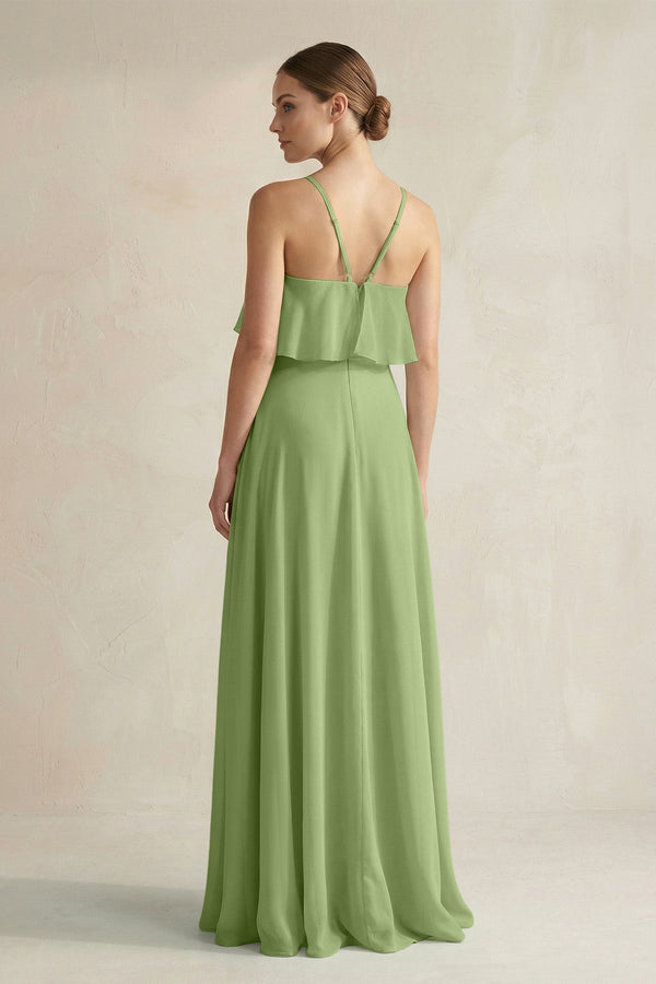 Halter Neck A - Line Chiffon Bridesmaid Dress with Keyhole in Matcha - KissProm Bridesmaid Dresses