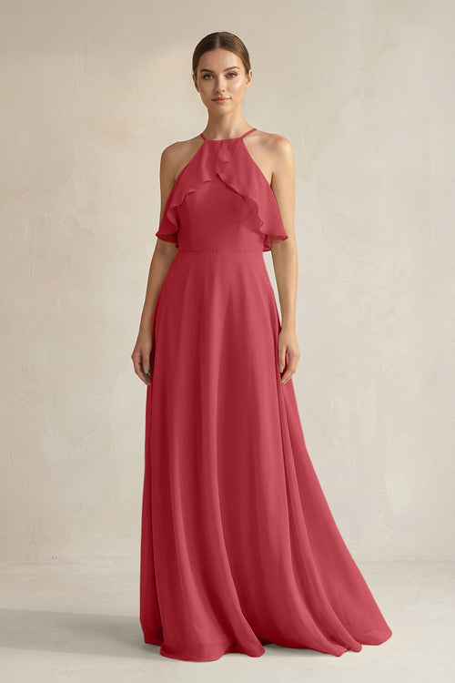 Halter Neck A - Line Chiffon Bridesmaid Dress with Keyhole in Merlot - KissProm Bridesmaid Dresses