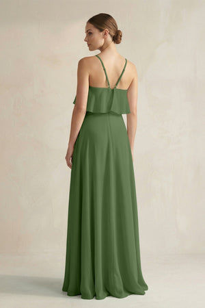 Halter Neck A - Line Chiffon Bridesmaid Dress with Keyhole in Moss - KissProm Bridesmaid Dresses