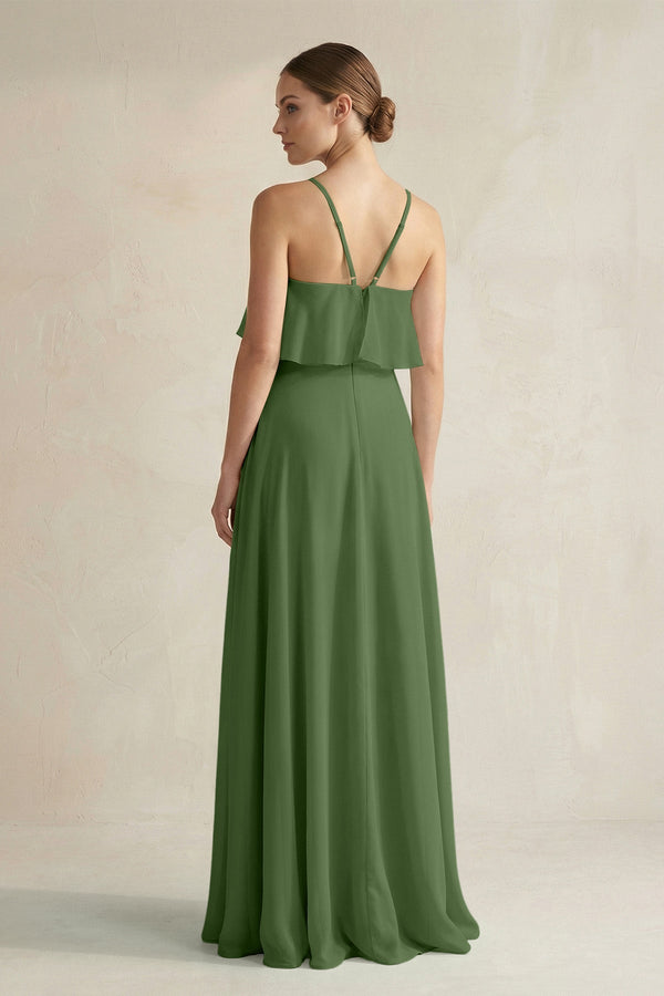 Halter Neck A - Line Chiffon Bridesmaid Dress with Keyhole in Moss - KissProm Bridesmaid Dresses