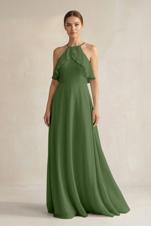 Halter Neck A - Line Chiffon Bridesmaid Dress with Keyhole in Moss - KissProm Bridesmaid Dresses