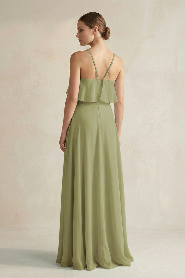 Halter Neck A - Line Chiffon Bridesmaid Dress with Keyhole in Moss Green - KissProm Bridesmaid Dresses