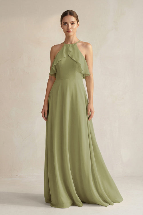 KissProm Halter Neck A-Line Chiffon Bridesmaid Dress with Keyhole in Moss Green, Moss Green / 24