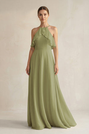 Halter Neck A - Line Chiffon Bridesmaid Dress with Keyhole in Moss Green - KissProm Bridesmaid Dresses