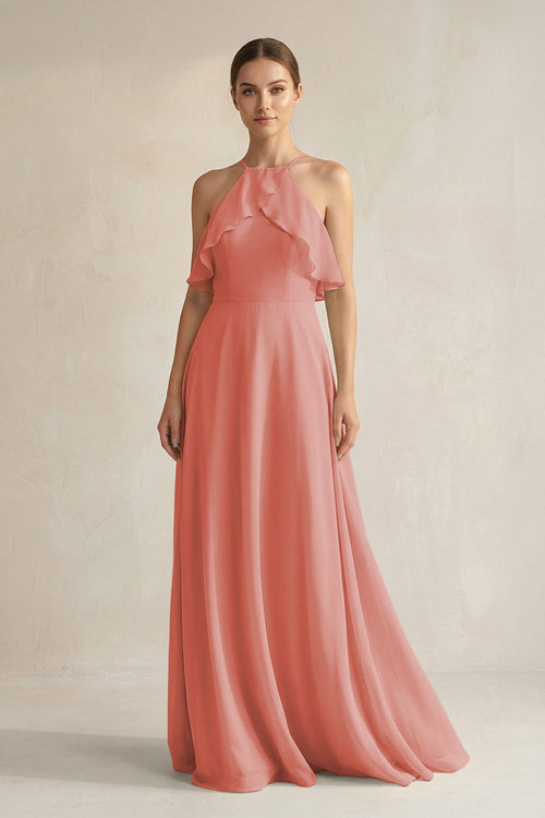 Halter Neck A - Line Chiffon Bridesmaid Dress with Keyhole in Mulberry - KissProm Bridesmaid Dresses