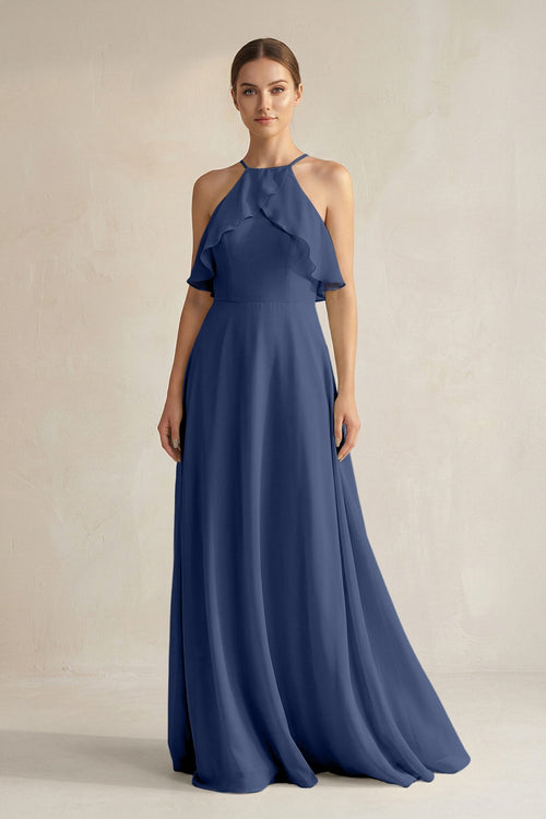 KissProm Halter Neck A-Line Chiffon Bridesmaid Dress with Keyhole in Navy, Navy / 0