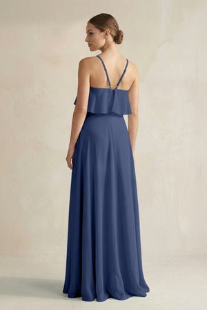 Halter Neck A - Line Chiffon Bridesmaid Dress with Keyhole in Navy - KissProm Bridesmaid Dresses