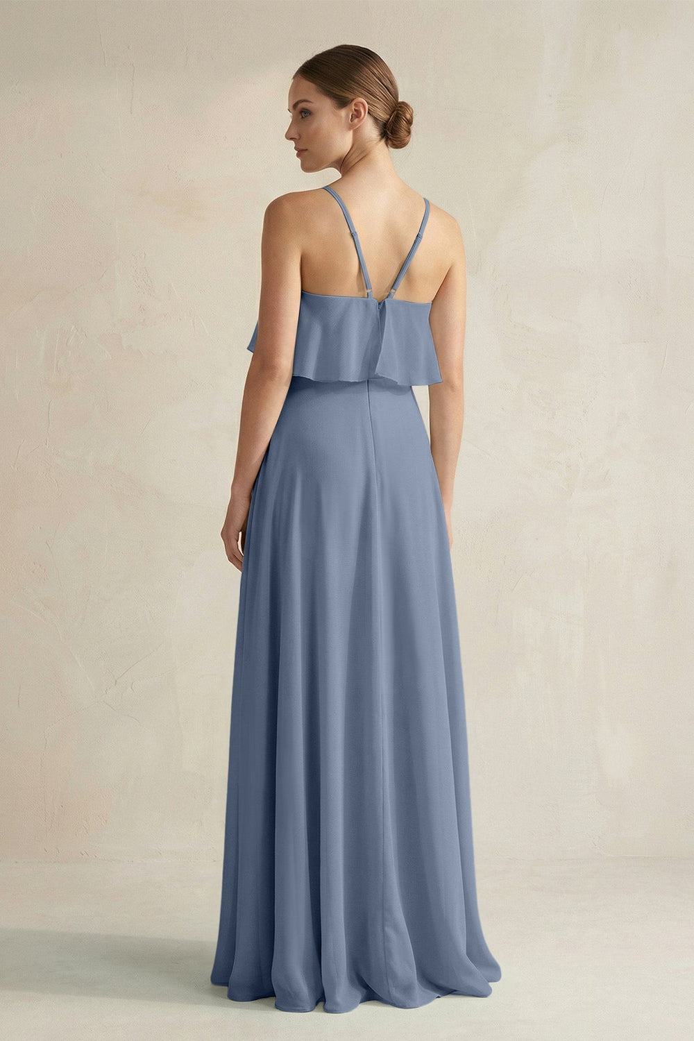 Halter Neck A - Line Chiffon Bridesmaid Dress with Keyhole in Neptune - KissProm Bridesmaid Dresses