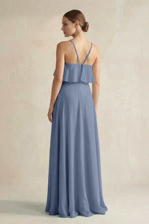 Halter Neck A - Line Chiffon Bridesmaid Dress with Keyhole in Neptune - KissProm Bridesmaid Dresses