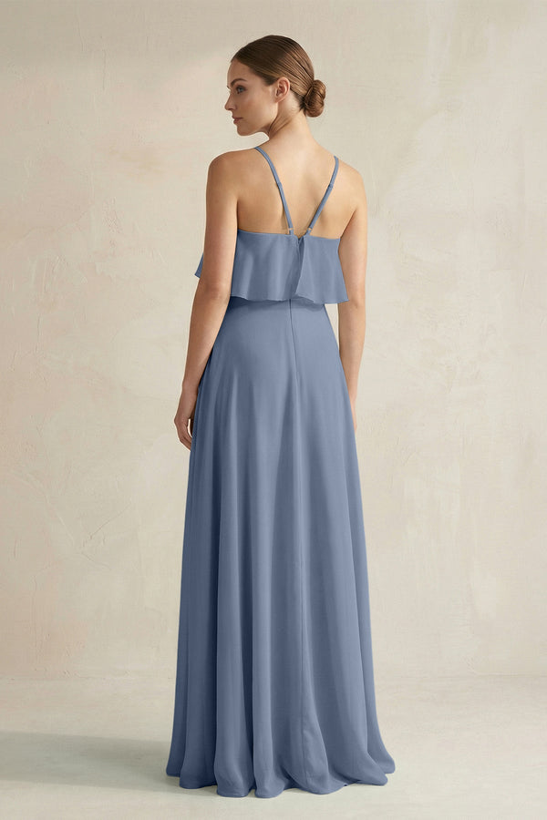 Halter Neck A - Line Chiffon Bridesmaid Dress with Keyhole in Neptune - KissProm Bridesmaid Dresses