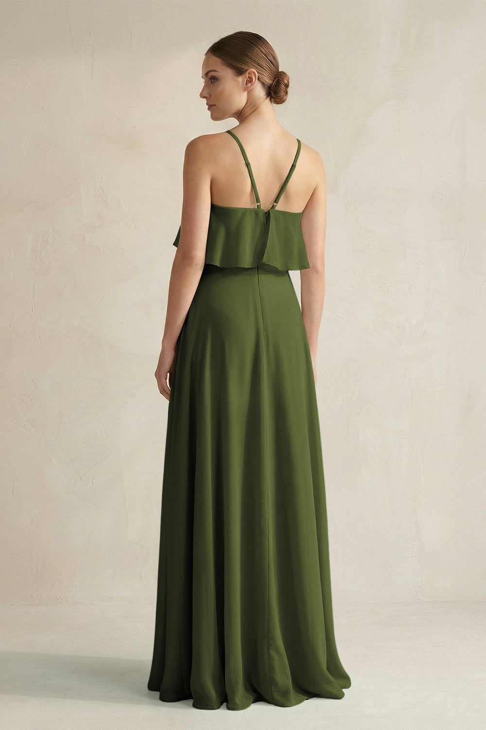 Halter Neck A - Line Chiffon Bridesmaid Dress with Keyhole in Olive - KissProm Bridesmaid Dresses