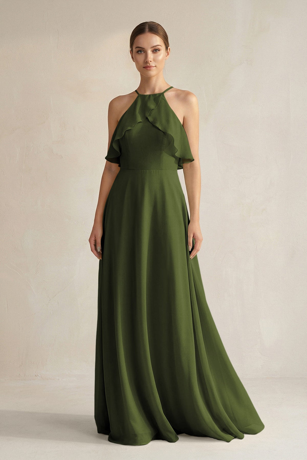 Halter Neck A - Line Chiffon Bridesmaid Dress with Keyhole in Olive - KissProm Bridesmaid Dresses