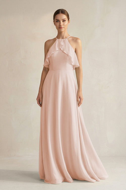 Halter Neck A - Line Chiffon Bridesmaid Dress with Keyhole in Pale Blush - KissProm Bridesmaid Dresses