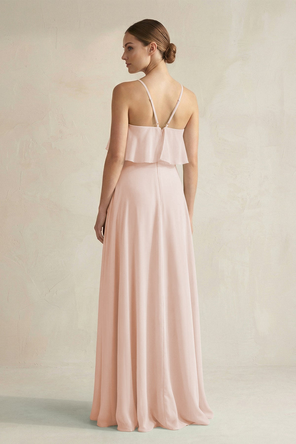 Halter Neck A - Line Chiffon Bridesmaid Dress with Keyhole in Pale Blush - KissProm Bridesmaid Dresses
