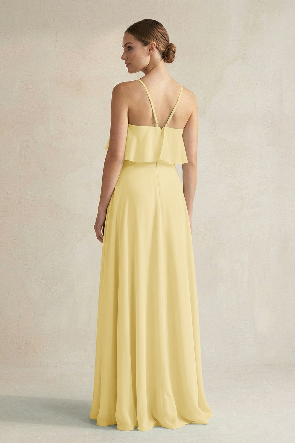 Halter Neck A - Line Chiffon Bridesmaid Dress with Keyhole in Pastel Yellow - KissProm Bridesmaid Dresses