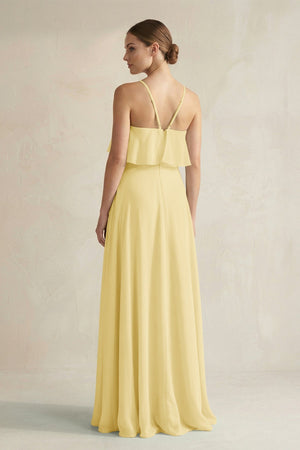Halter Neck A - Line Chiffon Bridesmaid Dress with Keyhole in Pastel Yellow - KissProm Bridesmaid Dresses