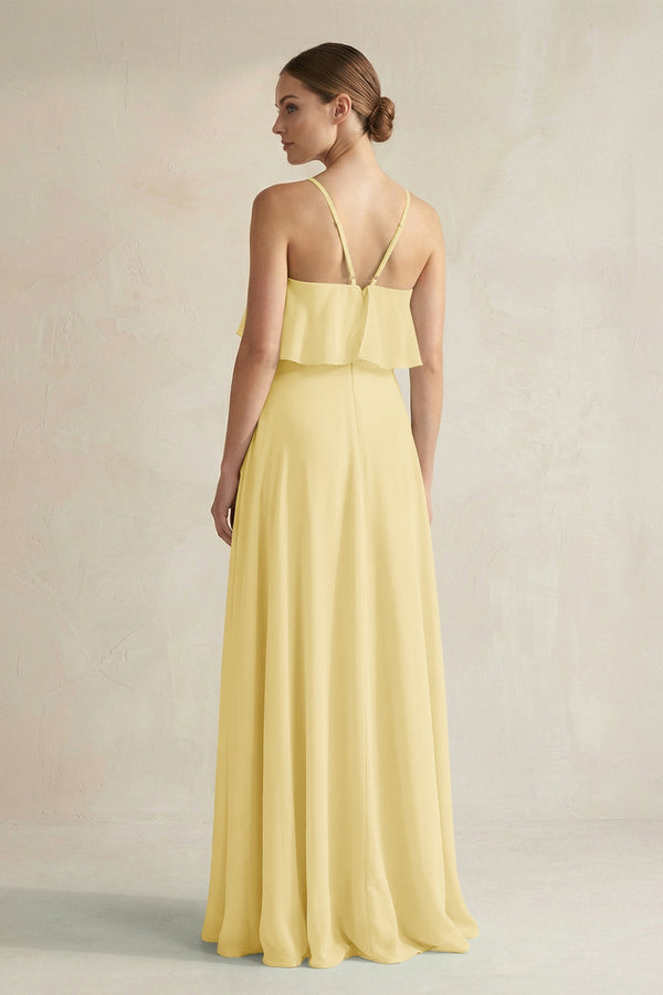 Halter Neck A - Line Chiffon Bridesmaid Dress with Keyhole in Pastel Yellow - KissProm Bridesmaid Dresses
