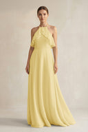 Halter Neck A - Line Chiffon Bridesmaid Dress with Keyhole in Pastel Yellow - KissProm Bridesmaid Dresses