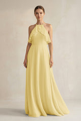 Halter Neck A - Line Chiffon Bridesmaid Dress with Keyhole in Pastel Yellow - KissProm Bridesmaid Dresses
