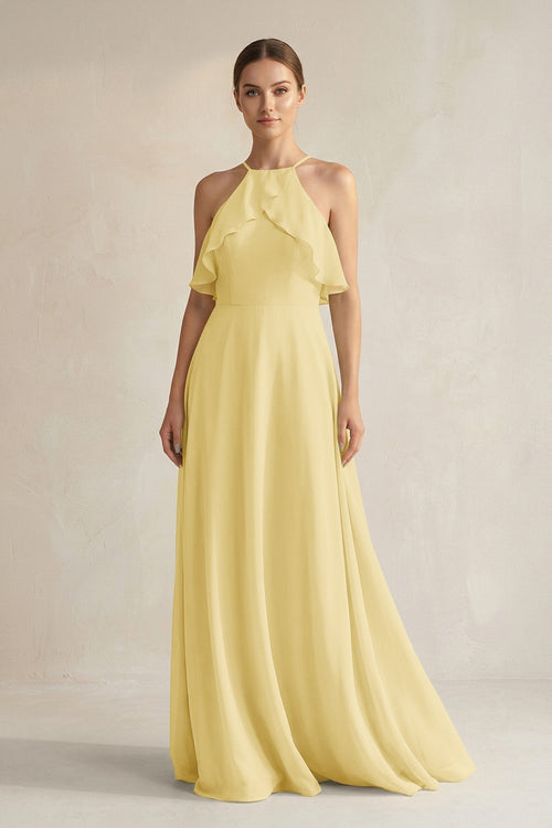 Halter Neck A - Line Chiffon Bridesmaid Dress with Keyhole in Pastel Yellow - KissProm Bridesmaid Dresses