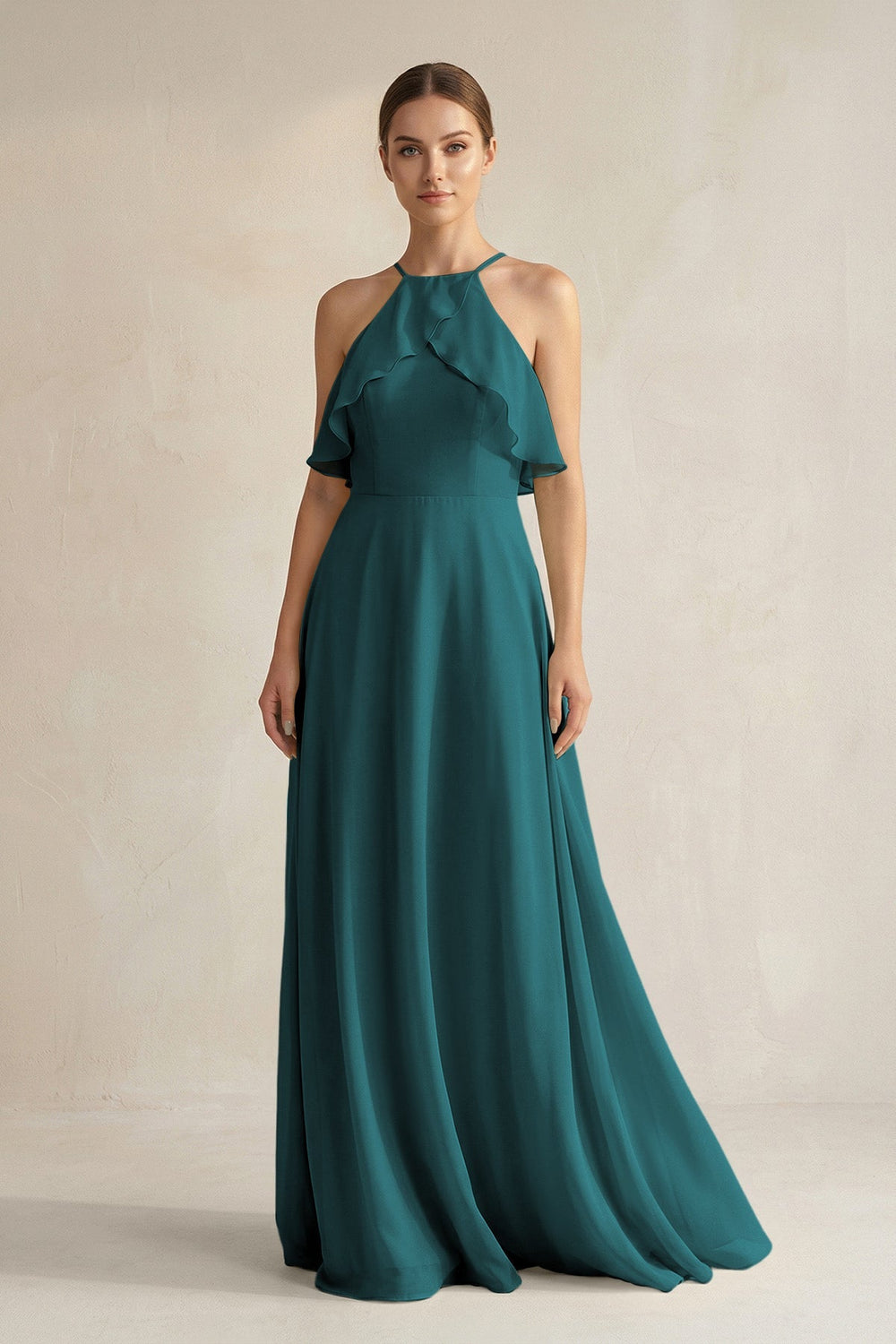 Halter Neck A - Line Chiffon Bridesmaid Dress with Keyhole in Pine - KissProm Bridesmaid Dresses