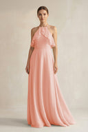 Halter Neck A - Line Chiffon Bridesmaid Dress with Keyhole in Rose Petal - KissProm Bridesmaid Dresses