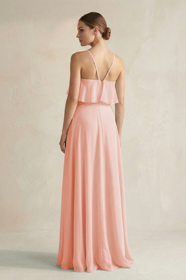 Halter Neck A - Line Chiffon Bridesmaid Dress with Keyhole in Rose Petal - KissProm Bridesmaid Dresses