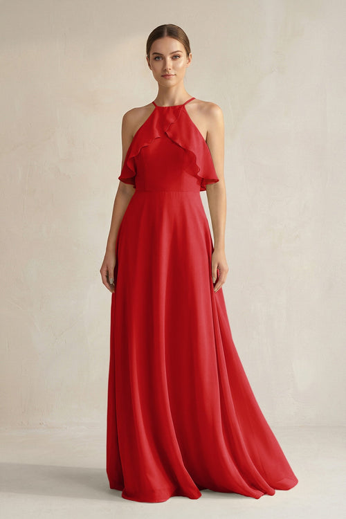 KissProm Halter Neck A-Line Chiffon Bridesmaid Dress with Keyhole in Ruby Red, Ruby Red / 6