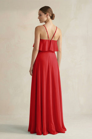 Halter Neck A - Line Chiffon Bridesmaid Dress with Keyhole in Ruby Red - KissProm Bridesmaid Dresses