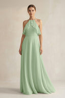 Halter Neck A - Line Chiffon Bridesmaid Dress with Keyhole in Sage - KissProm Bridesmaid Dresses