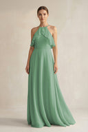 Halter Neck A - Line Chiffon Bridesmaid Dress with Keyhole in Sea Glass - KissProm Bridesmaid Dresses