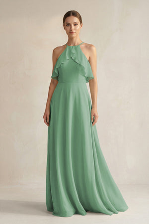 Halter Neck A - Line Chiffon Bridesmaid Dress with Keyhole in Sea Glass - KissProm Bridesmaid Dresses