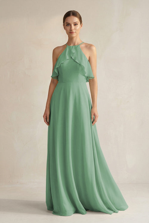 Halter Neck A - Line Chiffon Bridesmaid Dress with Keyhole in Sea Glass - KissProm Bridesmaid Dresses