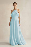 Halter Neck A - Line Chiffon Bridesmaid Dress with Keyhole in Sky Blue - KissProm Bridesmaid Dresses