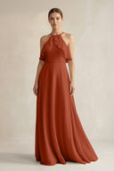 Halter Neck A - Line Chiffon Bridesmaid Dress with Keyhole in Spice - KissProm Bridesmaid Dresses