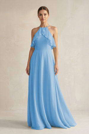 Halter Neck A - Line Chiffon Bridesmaid Dress with Keyhole in Steel Blue - KissProm Bridesmaid Dresses