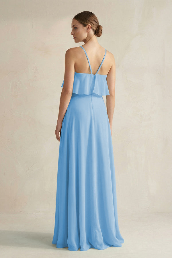 Halter Neck A - Line Chiffon Bridesmaid Dress with Keyhole in Steel Blue - KissProm Bridesmaid Dresses