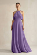 Halter Neck A - Line Chiffon Bridesmaid Dress with Keyhole in Tahiti - KissProm Bridesmaid Dresses